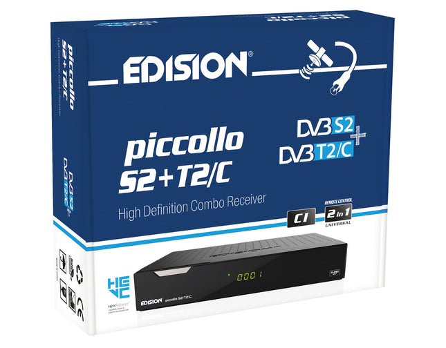 EDISION PICCOLLO S2+T2/C kombineeritud HD-vastuvõtja H.265/HEVC (DVB-S2, DVB-T2, DVB-C | ARD ja ZDF SD väljalülitusvõimalusega), Unicable'iga ühilduv, CI, 2x USB, HDMI, RCA, LAN, eelinstallitud Saksa kanalite nimekiri