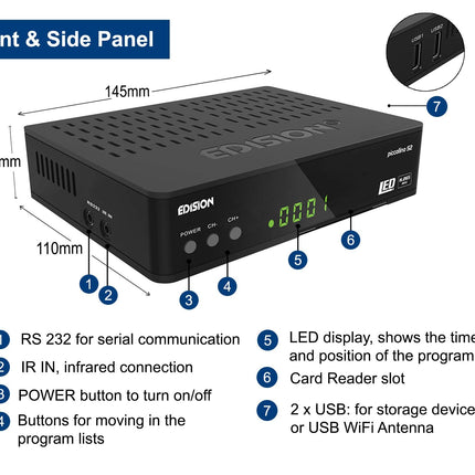 EDISION PICCOLLINO S2 Full HD satelliitvastuvõtja FTA (ühildub DVB-S2 | ARD ja ZDF SD väljalülitusvõimalusega), Unicable'i ühilduv, USB, HDMI, SCART, LAN, 2-in-1 kaugjuhtimispult, eelinstallitud saksa kanalite nimekiri