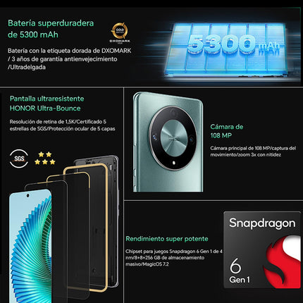 HONOR Magic6 Lite 5G nutitelefon, 8 GB + 256 GB, Qualcomm Snapdragon 6 Gen 1, 16,78 cm (6,78-tolline) AMOLED-ekraan, 120 Hz, 108 MP kolmekordne kaamera, Android 13/MagicOS 7.2, roheline