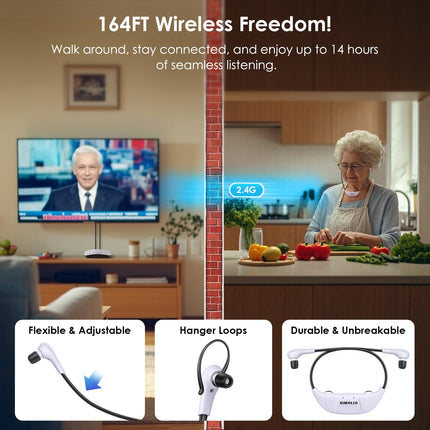 SIMOLIO Dual 2.4GHz Digitale TV Hörsystem, Kabelloser Kopfhörer für Fernseher & Musikanlagen mit ErsatzAkku, TV Funkkopfhörer für Senioren, Kinnkopfhörer, Optisch, RCA, AUX, TV Hörverstärker SM-824D2