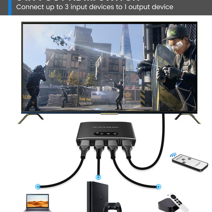 HDMI Switch, HDMI Splitter Automatic 4K Aluminum HDMI Switch 3 in 1 Out UHD HDMI Distributor with Remote Control, HDMI Switch Supports 4K 3D HDR for Fire TV Stick UHD TV PS4 Xbox DVD Blu-Ray