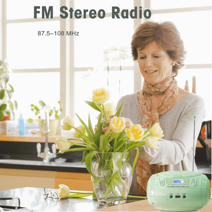 Compact Radio CD Player with Bluetooth, FM Radio, USB, AUX, Headphone Jack, CD-R/RW and MP3 CD Compatible, Portable Boombox (Green)