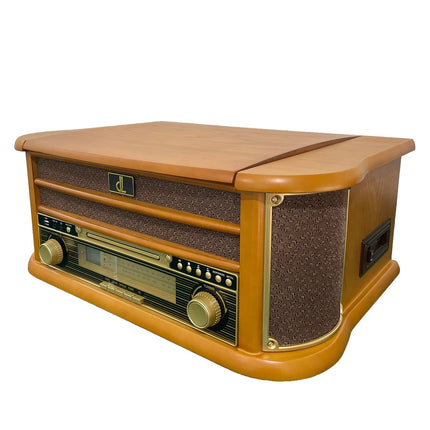 Retro record player with speaker, AM/FM radio, CD player, cassette recorder, USB playback and recording, record player in vintage design