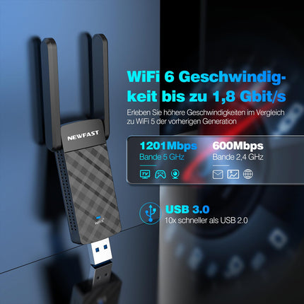 NEWFAST WLAN Stick for PC,1800Mbps Dual Band USB WiFi 6 Adapter,WiFi 6 Dongle Support for Windows 10/11 ONLY,180° Adjustable High Gain Antenna,WPA3,USB 3.0 Wireless Adapter for Laptop