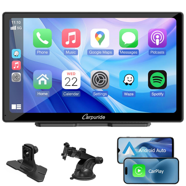 CARPURIDE C98 Wired/Wireless Carplay &amp; Android Auto Portable Car Stereo, 9-inch HD Touchscreen Car Radio with AirPlay Mirror Link, Bluetooth, Navigation, Siri, AUX, FM