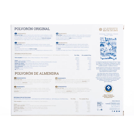 El Toro - Mandlite ja originaalsete polvoronide assortii - 500-grammine karp - Valladolid (Tordesillas) - Valmistatud mandlitest ja jahust - Jõulumaiused - traditsiooniline retsept.