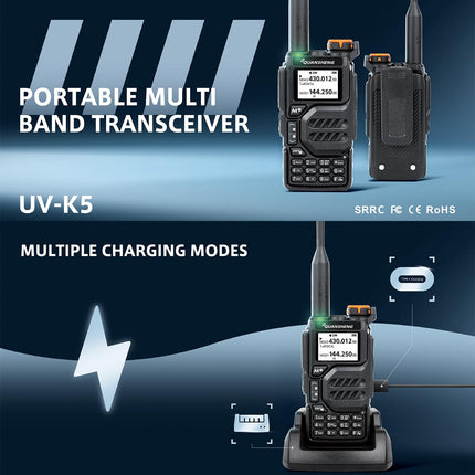 HYS Quansheng UV-K5 5W kahesageduslik raadiosaatja laadija laetavate akude raadio, VHF UHF kahesuunaline raadio (kõrvaklapiga, selge helitoruga, kõrvatroppidega)