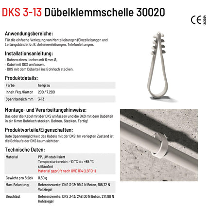 Tüübliklamber DKS 3-13 helehall, kaablisidemed, kaablihoidik (200 tk pakis), aasttüübel, pistik-aas, pistikklambrid, tüübliklamber, kaablikinnitus