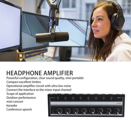 Headphone Amplifier 8-Channel, Portable Metal Stereo Amplifier Mini Headphone Amplifier for Studio and Stage 100 to 240 V