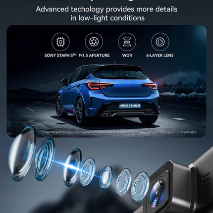 REDTIGER 4K STARVIS 2 autoregistraator esi- ja tagaosaga, 3,18-tolline puuteekraan, hääljuhtimine, 5,8 GHz WiFi GPS, tasuta 128 GB kaart, 2160P UHD öönägemine, WDR, parkimismonitor (F7N Touch)