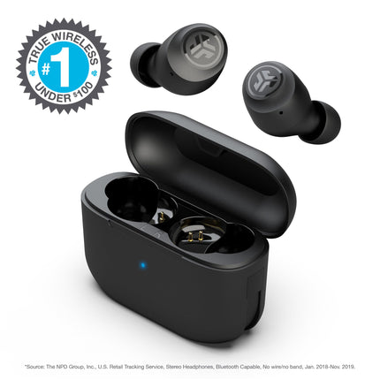 JLab Go Air Pop-kõrvaklapid, juhtmevabad Bluetooth-kõrvaklapid, tõeliselt juhtmevabad kõrvaklapid, üle 32 tunni mänguaega, juhtmevabad kõrvaklapid mikrofoniga, USB laadimisümbris, kahekordne ühendus, EQ3 heli, must