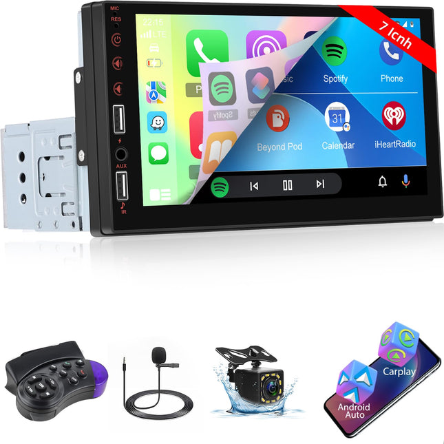 1 DIN autoraadio ekraaniga, Carplay ja Android Auto tugi - 7-tolline Carplay autoraadio ekvalaiseriga, lingitud peegliga, Bluetoothi, FM-raadio, SWC-ga, AUX/USB sisendiga + tahavaatekaamera + mikrofoniga