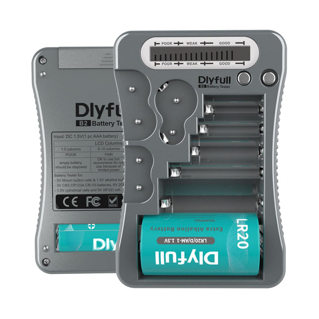 Dlyfull LCD universaalne akutester AA AAA CD 9V digitaalsele testimisseadmele CR123A CR2 CRV3 2CR5 CRP2 akutester 1,5 V ja 3 V nööppatareidele, hall