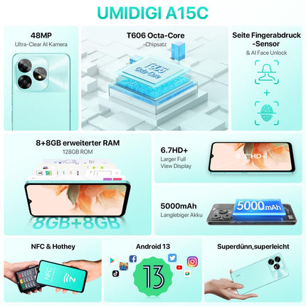 UMIDIGI A15C lukustamata mobiiltelefon, NFC, 16 GB + 128 GB / 1 TB, 48 MP kaamera, 6,7-tolline HD+ ekraan, 5000 mAh, 4G kaheksatuumaline mobiiltelefon, kahe SIM-kaardiga Android 13 lukustamata mobiiltelefonid, 8 GB laiendatav RAM, Face ID/OTG/GPS