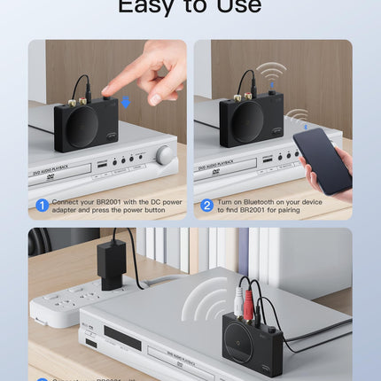 Inateck Bluetooth-vastuvõtja 5.1 audioadapter, 50 cm RCA - 3,5 mm AUX-kaabliga, stereosüsteemi/kõlari/3,5 mm peakomplekti jaoks, BR2001