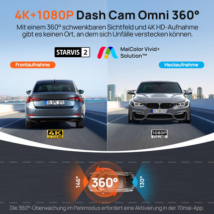 70mai autoregistraator 4K Omni, 4K+1080P 360-kraadine esi- ja tagakaamera kahekordse STARVIS 2 HDR-iga, 4G LTE, tehisintellektiga liikumistuvastus, öine nägemine, GPS 5GHz WiFi 6, 24H parkimisrežiim, rakenduse juhtimine, 128GB SD-kaart
