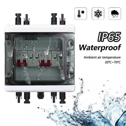 Ülepingekaitse PV, 2 sisse ja 2 välja alalisvoolu lahtiühendamise lüliti, välgukaitselüliti, 2 stringi 1000V DC 40A 20-40KA generaatori ühenduskarp, IP65 veekindel päikesepaneelide ühenduskarp fotogalvaanika jaoks