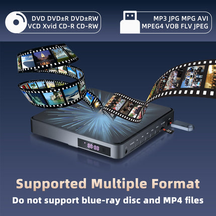Desobry DVD-mängija telerile, DVD-mängija USB/TF-sisenditega, DVD-mängija HDMI-ga, kaasas HDMI/RCA-kaabel, piirkonnavaba DVD-mängija, veaparandus, mürasummutus