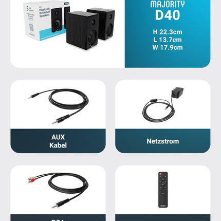 MAJORITY D40 Bluetooth-kõlarid | 60 W 2.0 aktiivkõlar | Stuudiomonitor 4-tollise draiveriga | Riiulikõlarid HiFi-stereo jaoks optiliste, RCA, USB ja AUX sisenditega | Kaugjuhtimispult
