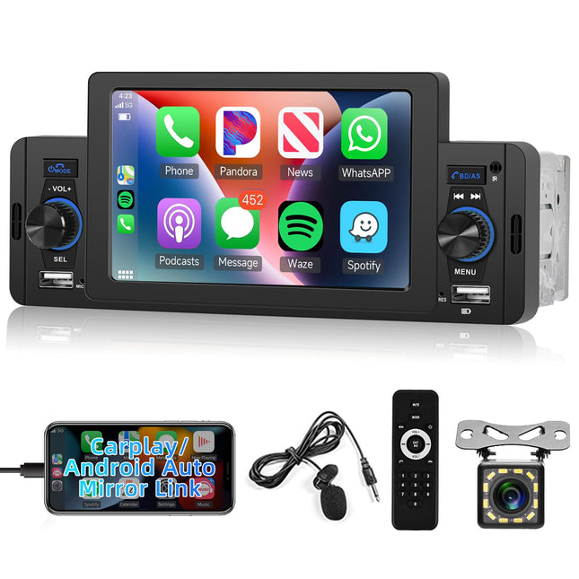 Hodozzy 1 DIN autoraadio, Carplay, Android Auto, 5-tolline puutetundlik ekraan, raadio, FM-raadio, stereo, Mirror Link, Bluetooth, USB/AUX-sisend, SD-kaardi pesa, juhtmevaba ...