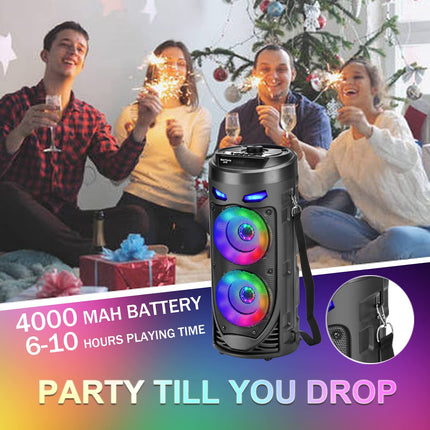Portable Bluetooth Speaker, 30W Wireless with Dual 4'' Stereo Sound, LED Lighting, Remote Control, Supports EQ, TWS, USB, TF, AUX, for Travel, Home, Party