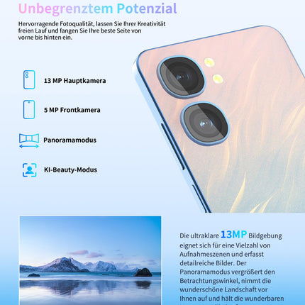 OUKITEL C58 (16GB+128GB) nutitelefon ilma lepinguta - 6,67-tolline 90Hz Android 14 mobiiltelefon soodne, 5150mAh aku, 13MP+5MP kaamera, näotuvastus ja sõrmejäljelugeja, NFC, GPS, kahe SIM-kaardi pesa 4G soodne nutitelefon, sinine