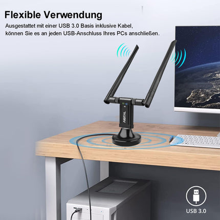 WLAN adapter 1200Mbit/s, WLAN USB stick dual-band 867Mbit/s (5GHz), 300Mbit/s (2.4GHz) WLAN receiver with 2*5dBi antenna and USB 3.0 docking station with 65cm cable for PC desktop laptop Windows/Mac OS