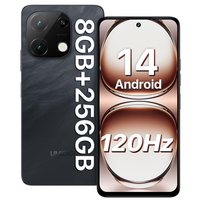 UMIDIGI mobiiltelefon Android 14, 8(4+4)+256GB/1TB TF nutitelefon ilma lepinguta, 120Hz 6.8-tolline HD+ nutitelefon, Bluetooth 5.2, 5000mAh, Octa Core, 4G kahe SIM-kaardiga/Face ID/Sõrmejäljelugeja/13MP/GPS/OTG-Note 100A must