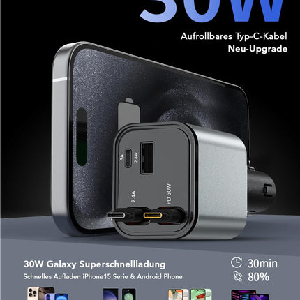 Aimteli sissetõmmatav autolaadija sigaretisüütaja USB-adapter autolaadija USB-C sigaretisüütajaga, ühildub iPhone 16/16 Pro Max/15/15Pro/AirPods/Galaxy S25/S25 Ultra/S24/S23/Google Pixel 9-ga