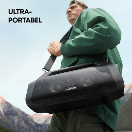 Soundcore Anker Motion Boom Plus IP67 väliskõlar, 80W stereoheli, kohandatud ekvalaiser ja bassivõimendus, USB-C, Bluetooth, sisseehitatud akupank, veekindel, telkimiseks, basseini jaoks, rannale, aeda