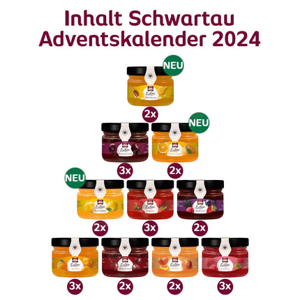 Schwartau advendikalender 2024, jõulukalender kingituseks minimoosi, mooside, tarretise ja meega, 24 puuviljamääret ja meeportsjonipurki, degusteerimiskomplekt jõuludeks, advendiks ja pühadeks