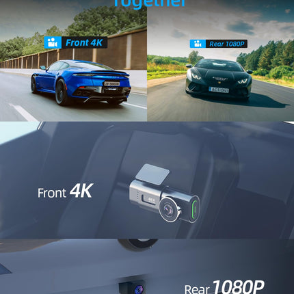 WiFi Dashcam Car Front Rear, 4K+1080P, Car Camera, App Control Car Camera with 64G SD Card, 170°+140° Ultra Wide Angle, Mini 1.47 Inch, Night Vision, WDR, G-Sensor, Loop Recording, Parking Monitoring