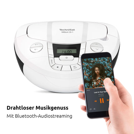 TechniSat Viola CD-1 - kaasaskantav stereo CD-mängija, boombox praktilise kandekäepidemega (lasteraadio, FM-raadio tuuner, Bluetooth-vastuvõtt, 2 x 1 W RMS-võimsus, vooluvõrgust ja akudest töötav) valge