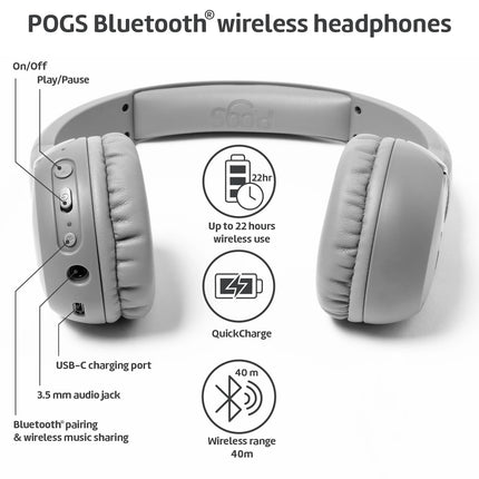 POGS juhtmevabad Bluetooth laste kõrvaklapid | Gecko 2 | Kokkupandavad ja vastupidavad laste kõrvaklapid alates 3. eluaastast | Helitugevuse piirang 85 dB | Mikrofon | Kõrvaklapid | Juhtmevaba muusika jagamise funktsioon (rGray)