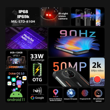 Blackview BV8800 lepinguta õues kasutatav nutitelefon, 6,58-tolline 90Hz FHD+ ekraan, 50MP tehisintellektiga neljakaamera, infrapuna-öise nägemisega, Helio G96 8GB+128GB, 8380mAh aku, IP68 Android 11 veekindel telefon, GPS NFC roheline