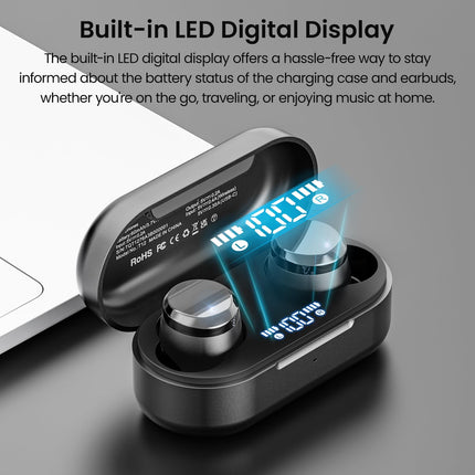 TOZO T12 Bluetooth kõrvaklapid, juhtmevabad Bluetooth 5.3, kõrvasisesed kõrvaklapid ENC kõnemüra summutusega, 55 tundi mänguaega, LED-ekraan, IPX8 veekindlus, rakenduse juhtimine - mustad