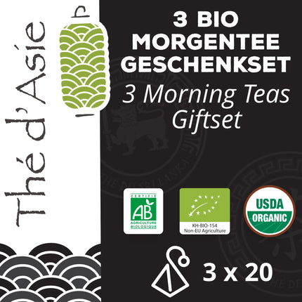 Khla - 3 orgaanilise hommikutee kinkekomplekt - Earl Grey, Chun Mee ja hommikusöögitee OP &amp; - 3 x 20 teekotti - Aasia taimeteed - must tee, roheline tee - kinkekarp sünnipäevaks, jõuludeks