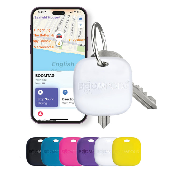 Boompods Boomtag laetav võtmeleidja - ookeaniplastikust Bluetooth-jälgija, mis ühildub Apple Find My rakendusega, veekindel võtmeleidja, minijälgimisseade võtmetele, kotid, valge