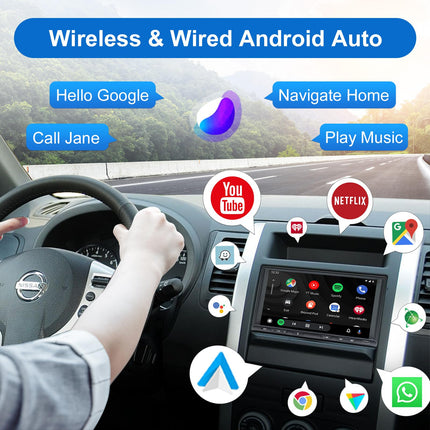 Double Din Android Radio with Wireless CarPlay &amp; Wireless Android Auto, Car Radio with Navigation 7 Inch Screen, Car Radio Touch Display with Bluetooth, AM/FM/RDS, AUX/SWC…