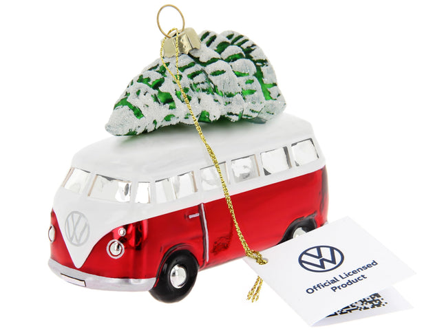 BRISA VW kollektsioon - Volkswagen T1 Bulli bussi jõulukaunistused ja -kaunistused klaasist kinkekarbis (skaala 1:40, punane kuusega)
