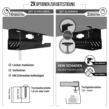 Kvaliteetne kaablikanaliga laud – ideaalne kaablihalduslaud, kaablikandikulaud, laua kaablijuhik – kaablikorraldaja – kaablihoidikuga laud (must, 2 tk komplekt)