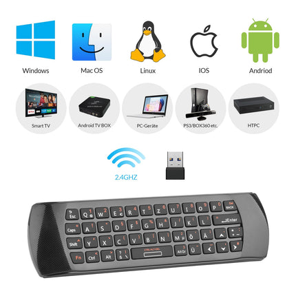 Rii Air Mouse with 6-Axis Gyroscope, Wireless Keyboard and Mouse Set, Rechargeable, Universal Remote Control for HTPC/TV Box, PC Remote Control with IR Learning Function, QWERTZ, 2.4GHz, Black