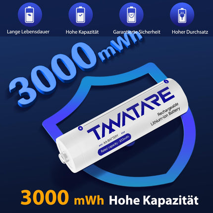 Tanatare laetavad liitiumakud AA kiirlaadijaga, 8 tk 1,5 V 3000 mWh suure mahutavusega ja kauakestvad akud integreeritud laadimis- ja hoiukarbiga