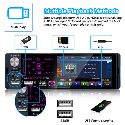 Hikity RDS FM AM Car Radio 1 Din Bluetooth Handsfree 4.1 Inch Screen Touch Display with USB AUX TF MP5 for Android/IOS Car Radio Rear View Camera Microphone