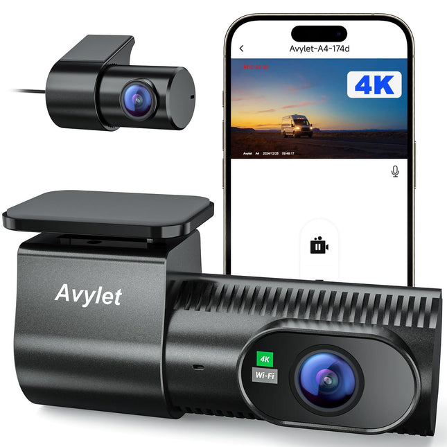 Avylet 4K+1080P auto videoregistraator esi- ja tagaosaga, Wi-Fi/rakendusega topeltkaamera parkimismonitoriga, toetab välist GPS-moodulit, öönägemist, WDR-i, 170°+150° lainurka, G-andurit, max 256GB