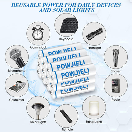 POWJIELI Ni-MH AA Rechargeable Batteries, Double A Solar Batteries 600mAh 1.2V Pre-Charged for Garden Landscaping Outdoor Solar Lights, String Lights, Path Lights (12 Pack)