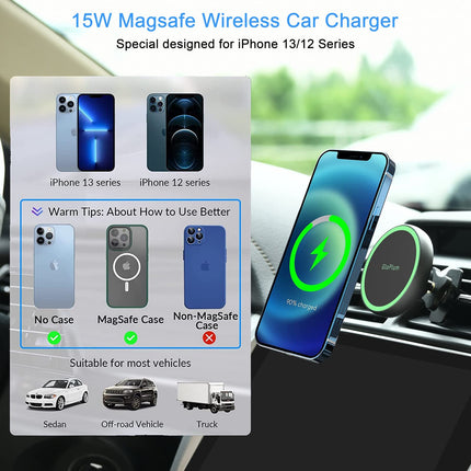 Gloplumiga ühilduv 15W laadija Magsafe autokinnitus, juhtmevaba magnetiline autotelefonihoidik, juhtmevaba autolaadija autolaadimisjaam telefonihoidik telefonidele 13/13 Pro/13 mini/13 Pro/12/12 Pro