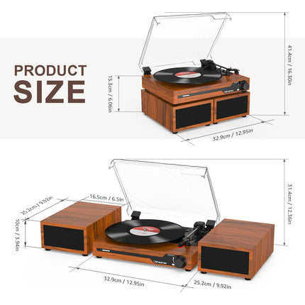 Udreamer Record Player with 2 Dual Stereo Speakers, Vintage Record Player Bluetooth 5.3 Supports 3 Speeds, AUX-In, RCA Line, USB, Wireless Playback, Brown