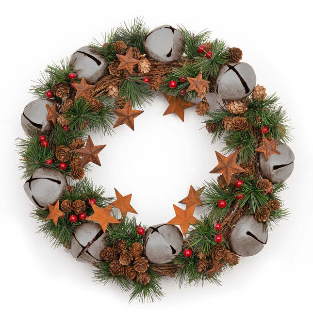 Christmas wreath with silver bells, stars, pine cones, berries, leaves, for outdoor Christmas, home, office, mantel, decorations