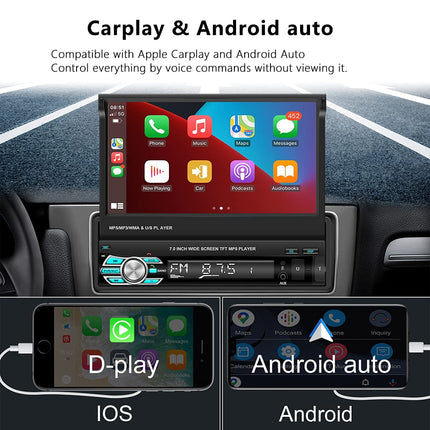 Podofo autoraadio 1 DIN Apple Carplay ja Android Autoga, 7-tollise ekraaniga autoraadio Bluetooth Handsfree/FM-raadio/SWC/peegliühenduse/USB + tahavaatekaameraga